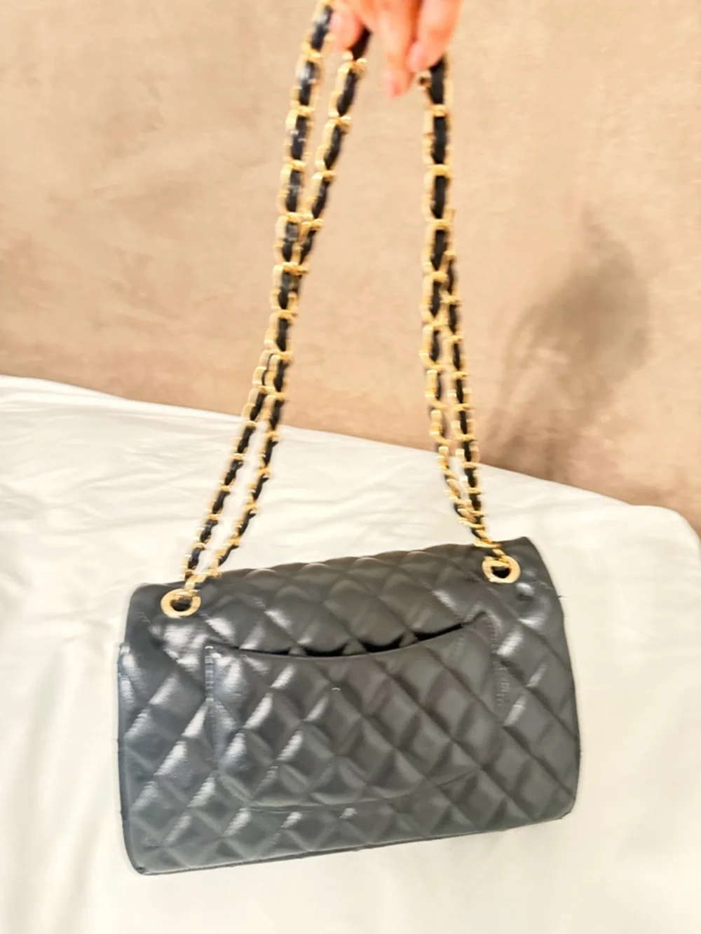 Black Quilted Shoulder Bag with Gold Chain - Picture 2 of 6